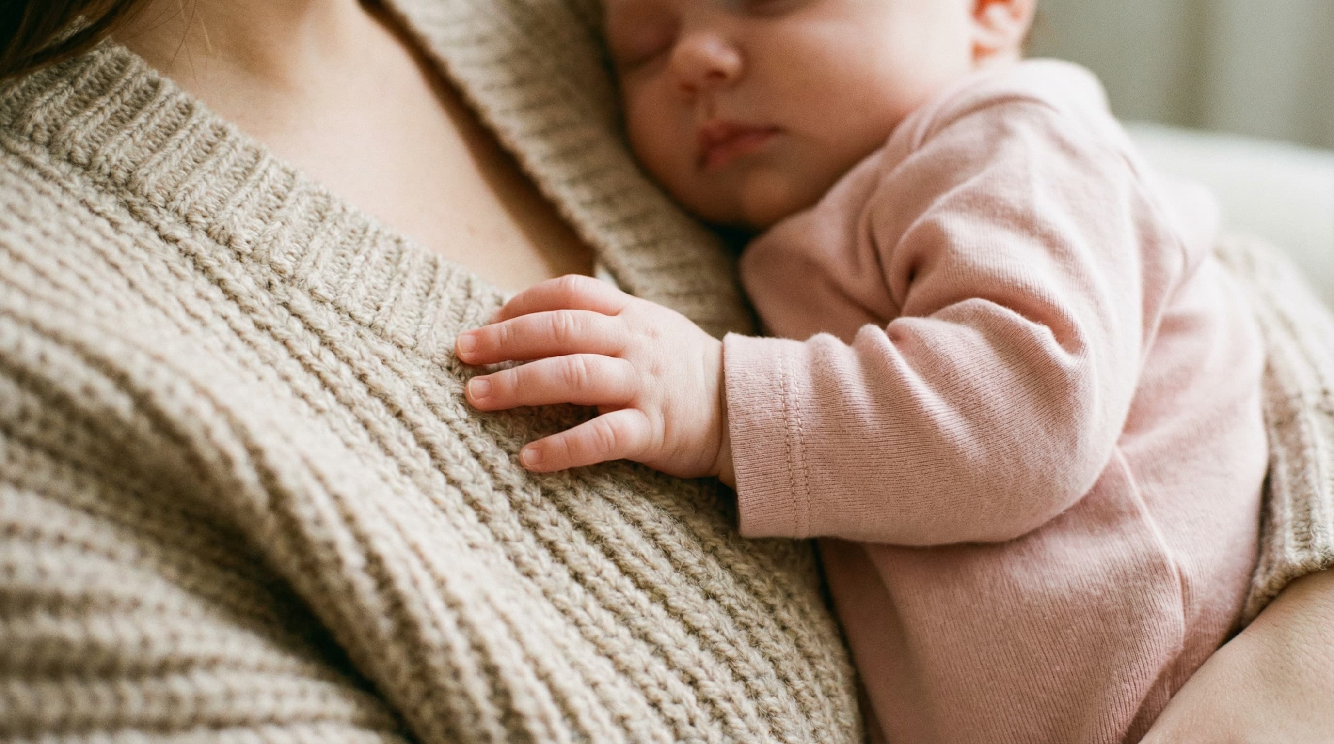 Mão de um bebê descansando junto à mãe